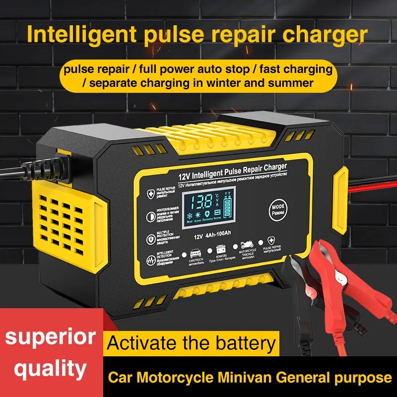 12V 6A Volautomatische auto-acculader Power Pulse Repair-laders Nat Droog Loodzuuracculaders Digitaal LCD-scherm