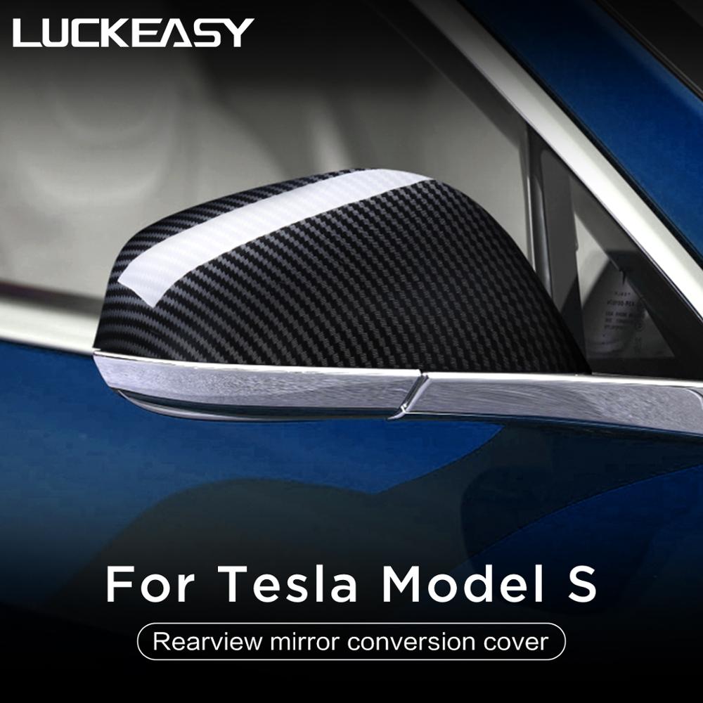Luckeasy Auto Achteruitkijkspiegel Cover Side Voor Tesla Model S Auto Achteruitkijkspiegel Deksel Abs Water Transfer Carbon fiber 2 Stks/set