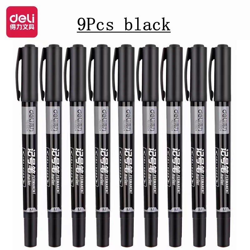 Deli 5/9pcs Twin Tip Permanent Marker Pens 0.5-1.2mm Nib Waterproof Ink Oily Black Ink Fine Point Paint Marker Pen Stationery