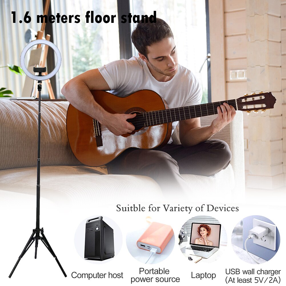 10 pouces 26cm rvb LED Selfie anneau lumière + 1.6m support de sol USB téléphone vidéo Photo lumière avec trépied en alliage d'aluminium évolutif