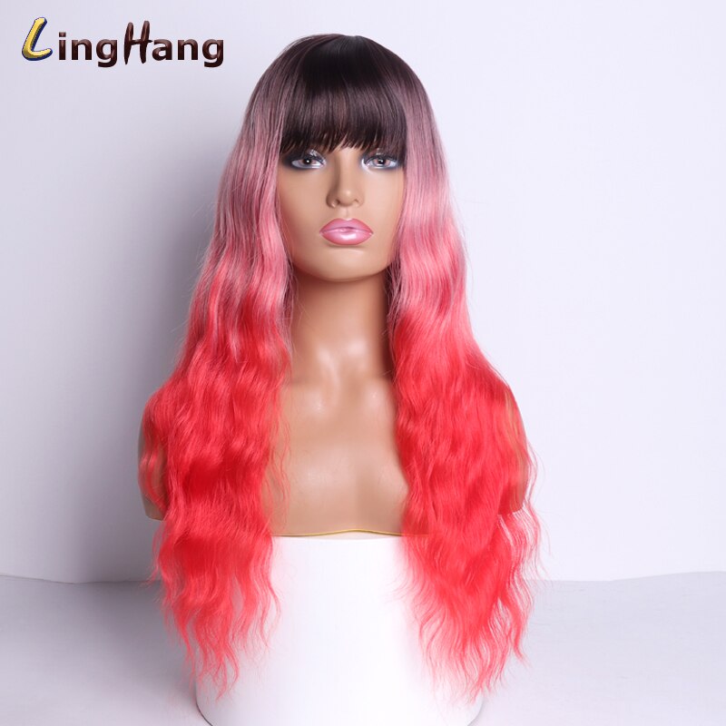 LING HÄNGEN Lange Wellig frauen Perücke 24-Zoll Synthetische Braun Haar Mit Pony Natürliche Wellenförmige Hohe Temperatur Faser perücke: P4/24