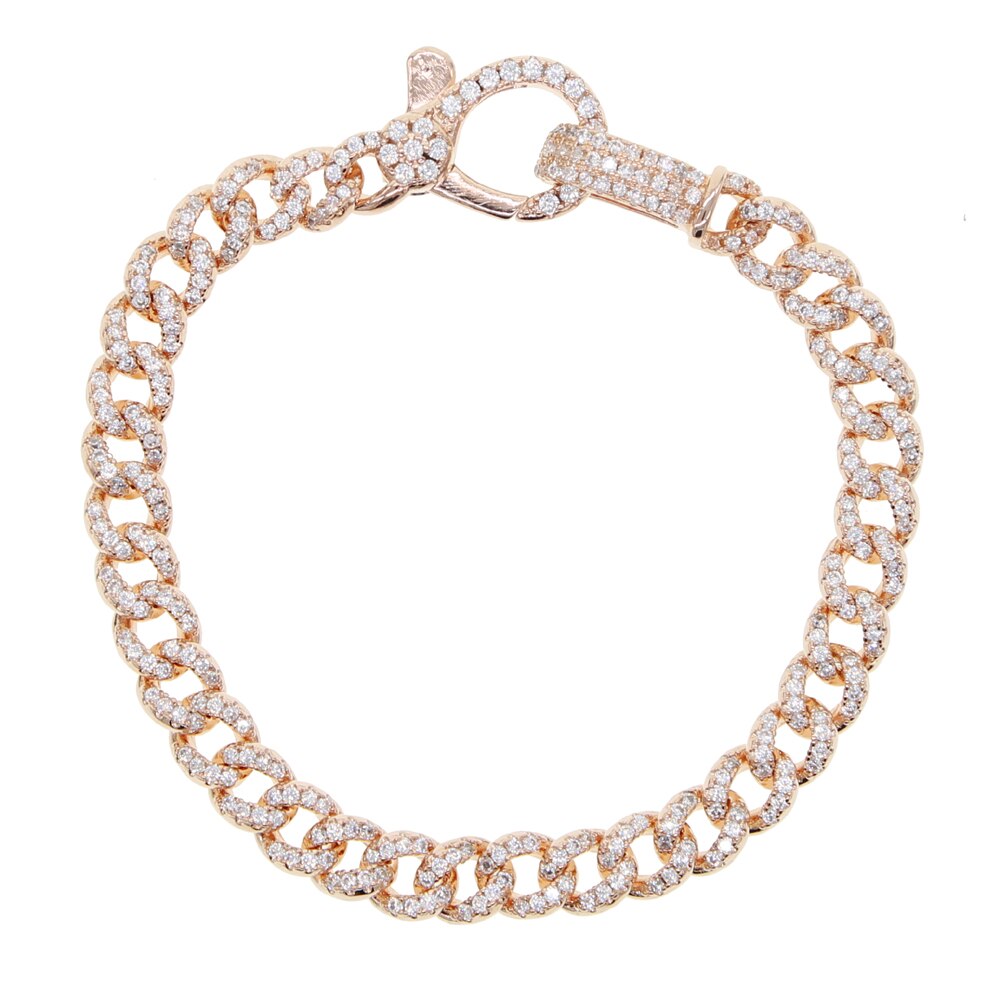 Novo design fino cz cubana link chain pavimentado zircônia cúbica lagosta fecho iced para fora bling pulseira cubana para mulher: Cor de rosa de Ouro / 17.5cm