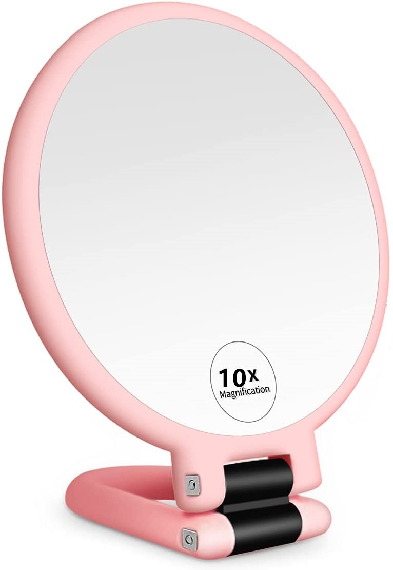 2/5/10x Magnifying Handheld Mirror ,Travel Folding Hand Held Mirror,Double Sided Pedestal Makeup Mirror with 1/10x Magnification: Red