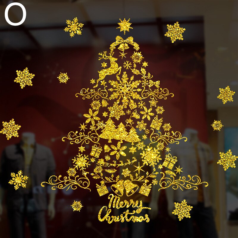 Glänzende Gold Weihnachten Baum Fenster Aufkleber Santa Fahrt Weihnachten Girlande Zauberstab Decals Neue Jahr Schaufenster Aufkleber Schneemann Wohnkultur: O
