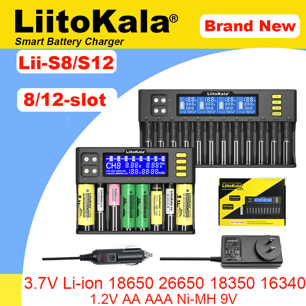 Liitokala lii -s8 s12 akkulaturi 9v li-ion 3.7v nimh 1.2v li-fepo 4 3.2v 3.8v 18650 26650 21700 26700 16340 18350 aa aaa