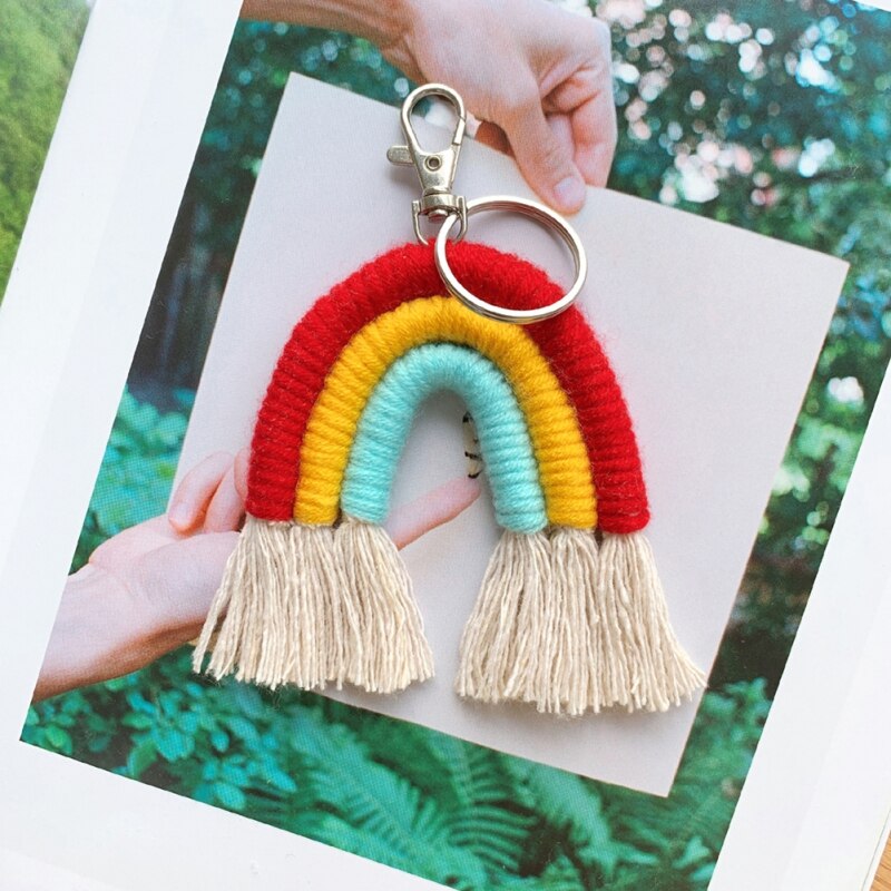 Keychains Boho Bag Charms With Tassels Hand Weave Cotton Accessories Macrame Rainbow Car Key Purse Wallet Decoration