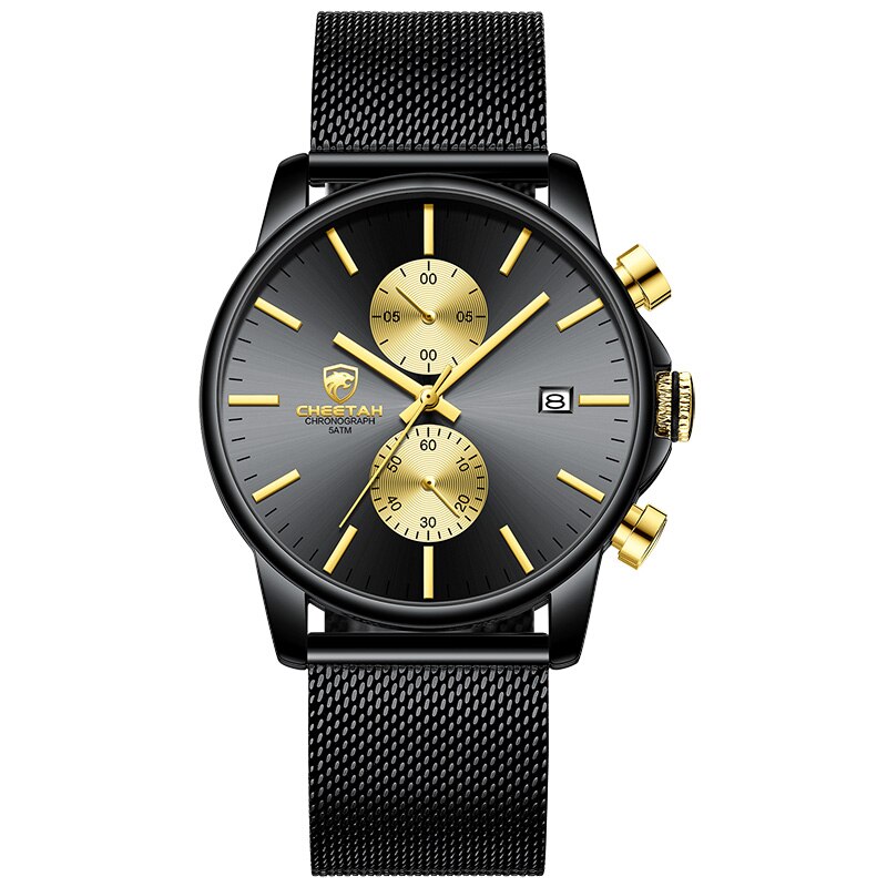 Mannen Horloge Cheetah Mode Sport Quartz Horloges Heren Lederen Waterdichte Chronograaf Klok Business Relogio Masculino: Steel Gold Black