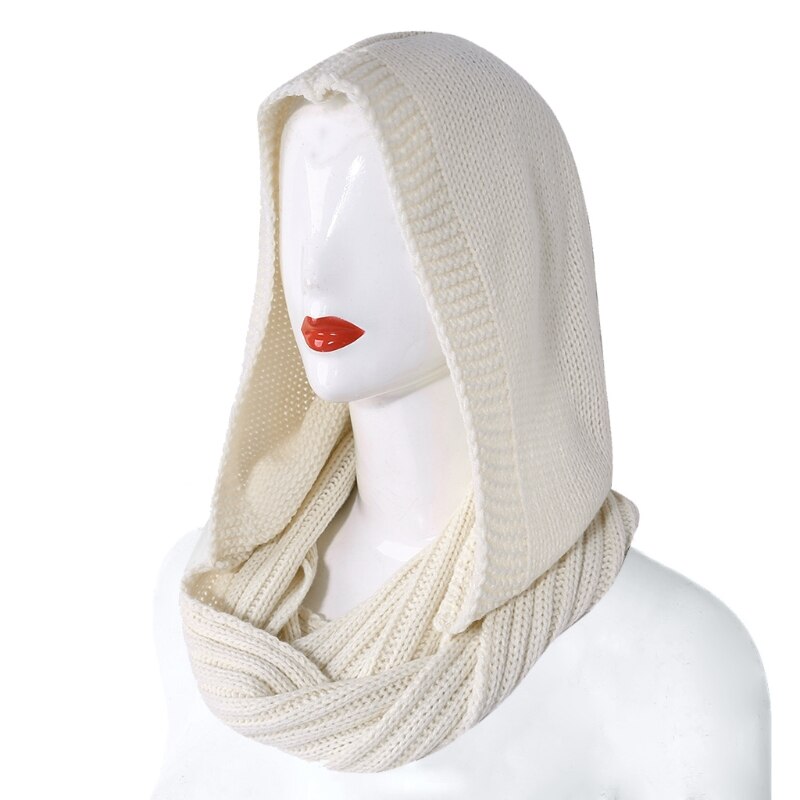 Capucha de punto de ganchillo para mujer, bufanda infinita a prueba de viento, chal largo cálido, envoltura de Color sólido, calentador de cuello: be