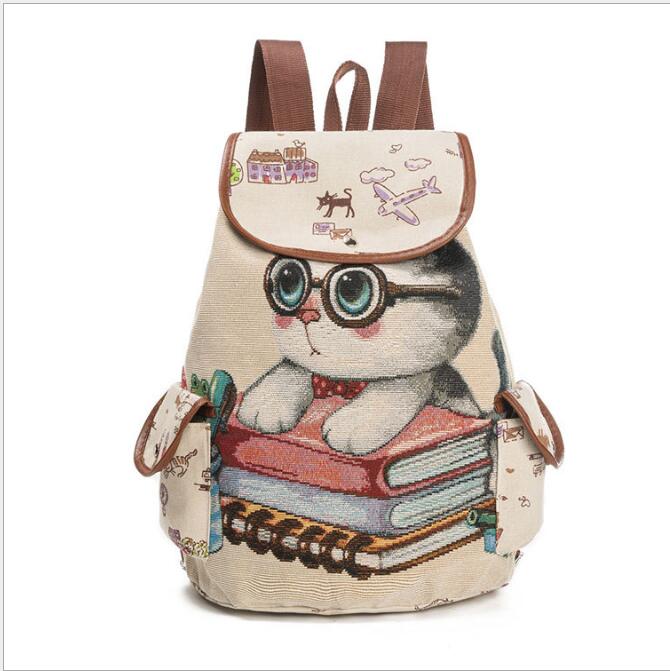 Canvas schooltassen met cartoon kattenprint, kinderrugzak, zachte achterkant met gesp, schooltassen voor tienermeisjes, rugzak voor kinderen