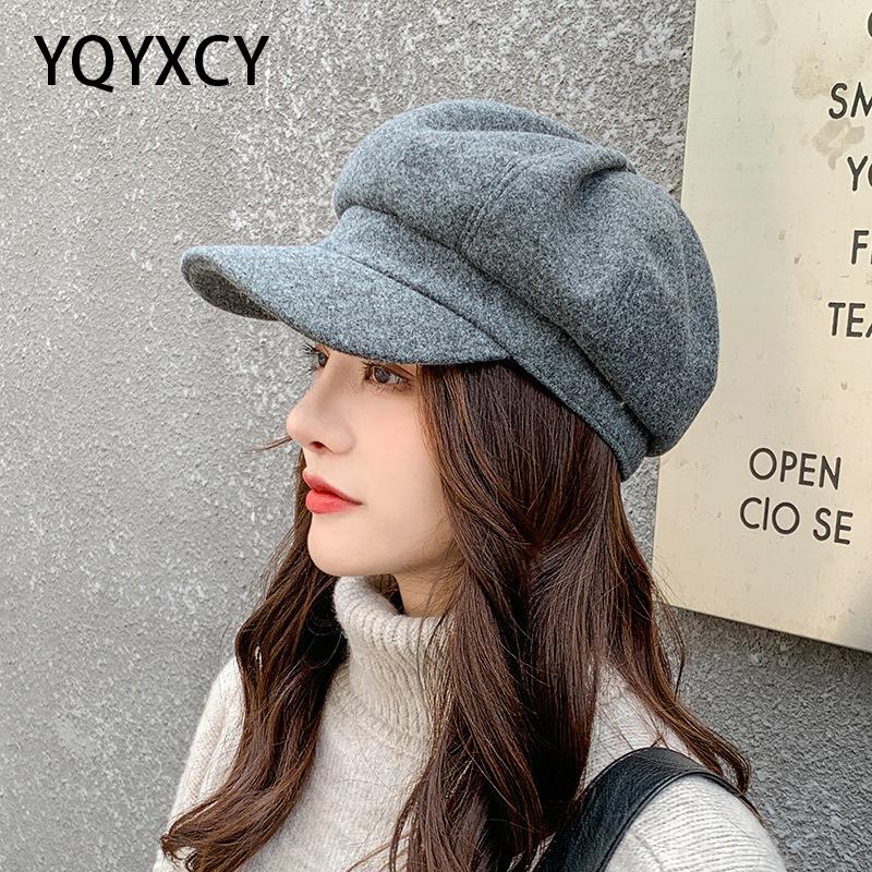 YQYXCY Winter Hats For Women Thickened Warm Beret Octagonal Hat Female Retro Painter Cap Solid Color Newsboy Cap Gorras Korean