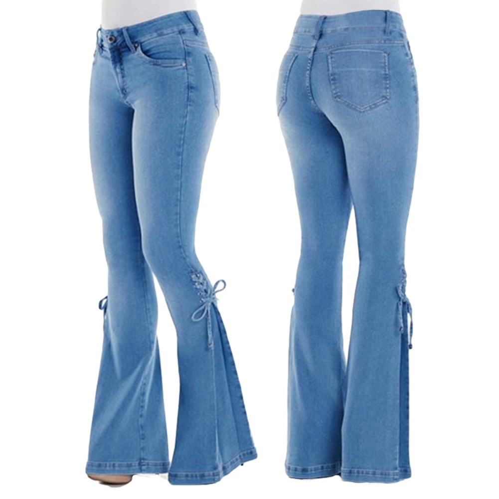 Grande taille Denim pantalon femmes Vintage Flare jean à lacets noeud maigre jambe large Denim pantalon Flare jean à lacets nœud jean moulant