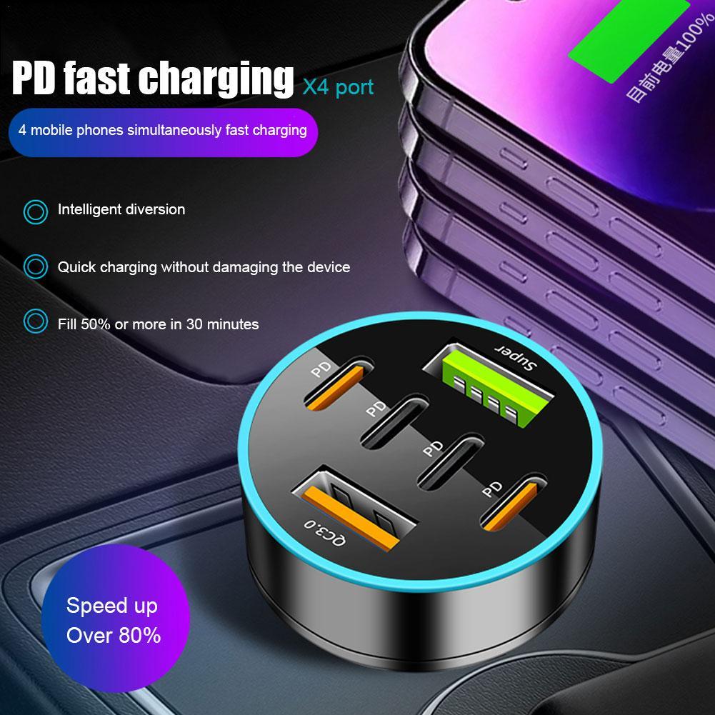 Cargador rápido para coche con pantalla Digital, 6 puertos, 4 A + 2 USB tipo C, 66W, carga rápida para Xiaomi, IPhone y