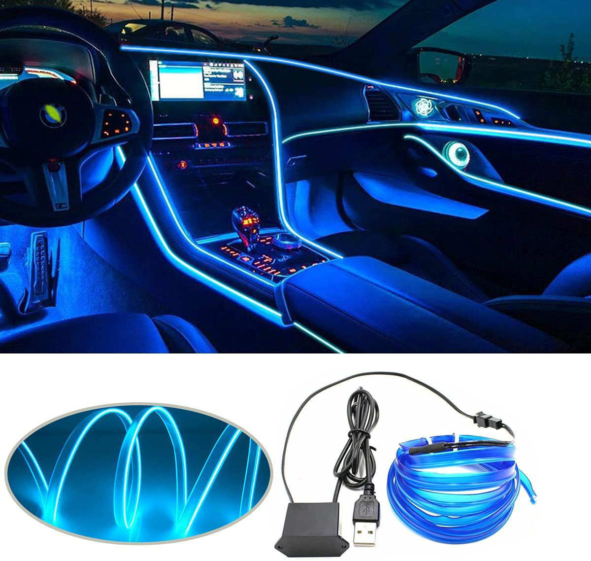 Lampe EL Cold Light Line avec USB, tableau de bord décoratif bricolage, console de tableau de bord, lumière ambiante LED automatique, accessoires d'intérieur de voiture, 3M, escales
