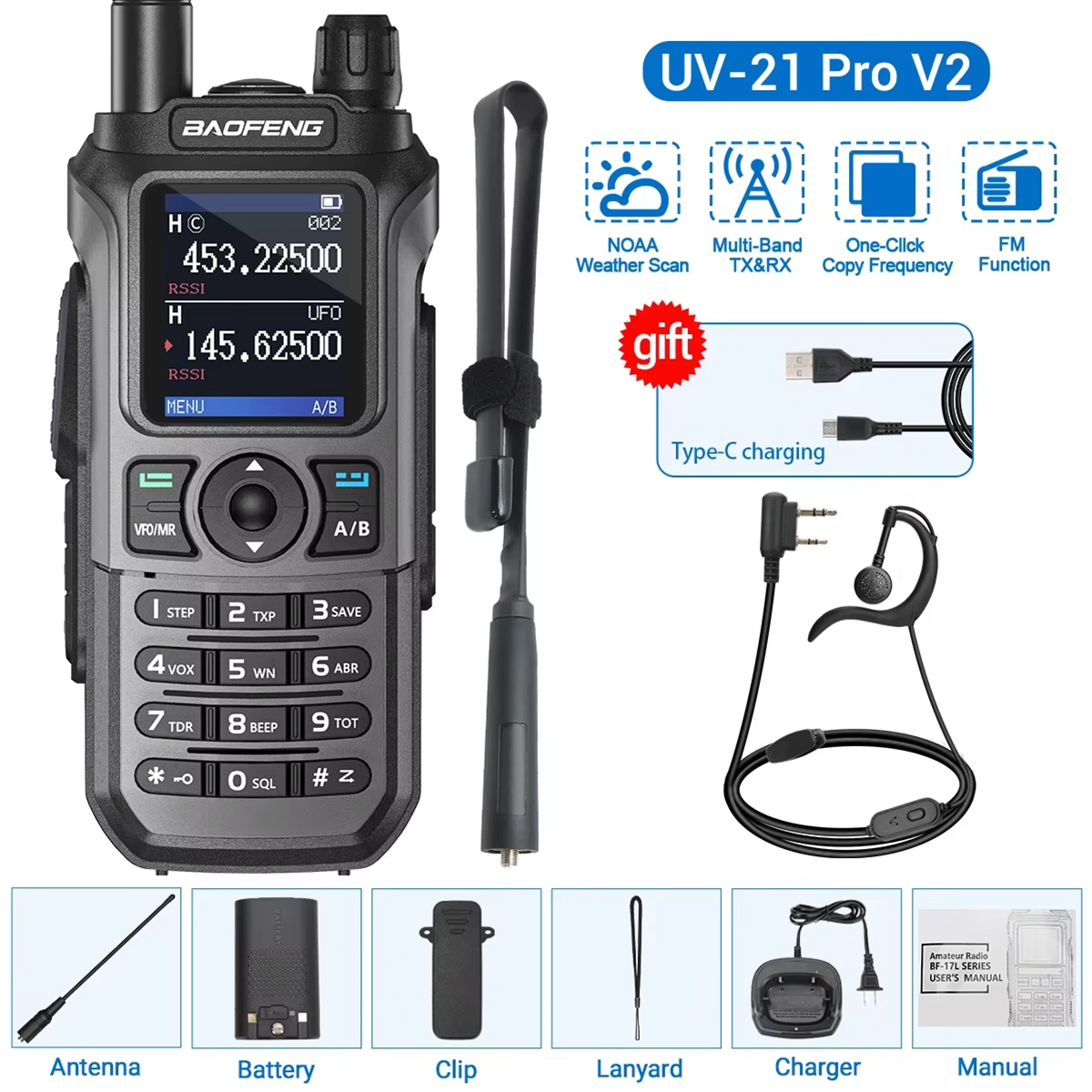 Baofeng UV-21 Pro V2 Wireless Copy Frequency Mutli Band Powerful Waterproof Long Range UV-5R Long Range Type-C Two Way Ham Radio: green / EU