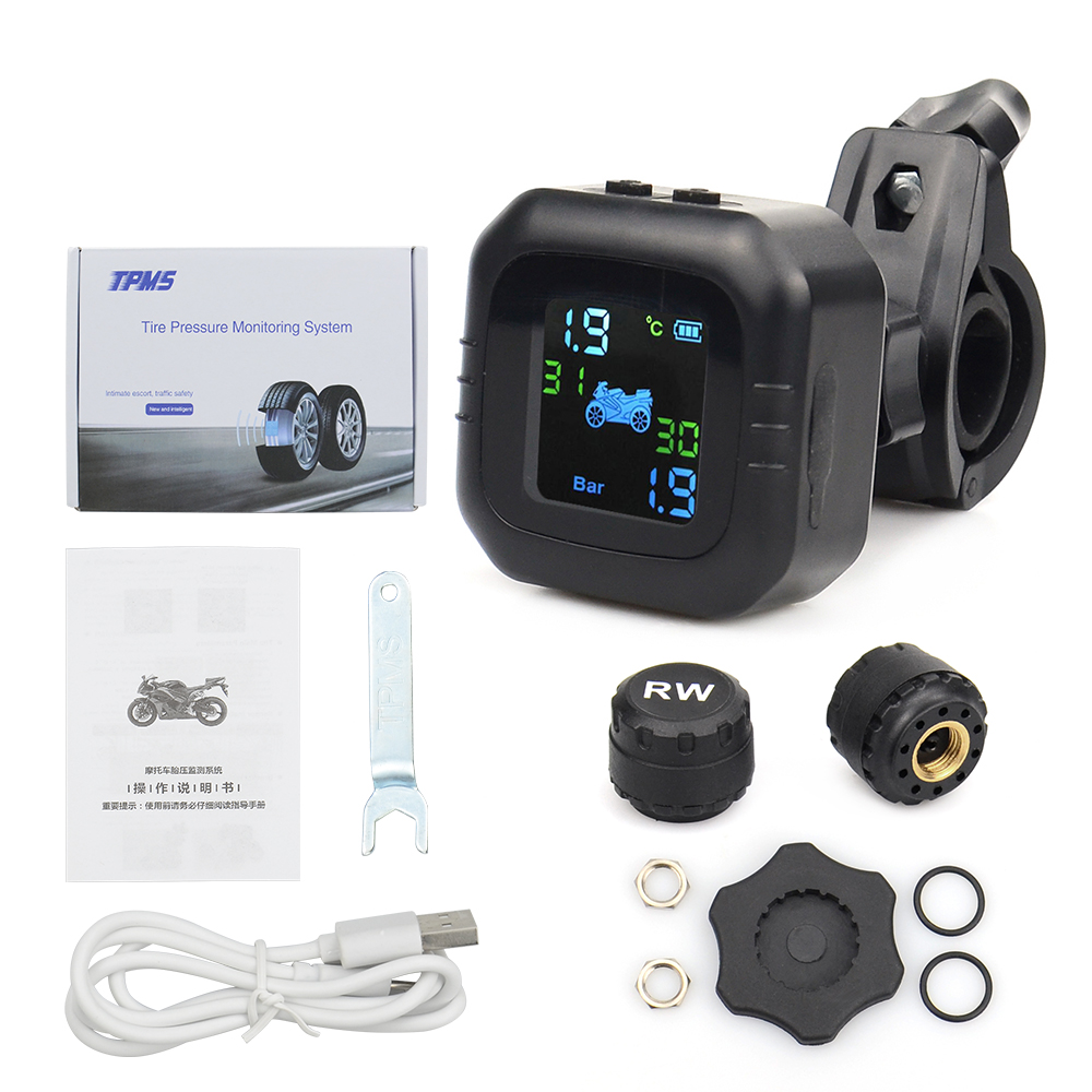 Overvågningssystem til motorcykeldæktryk med 2 eksterne sensorer motor tpms realtid stemmealarm dæk sikkerhed usb opladning