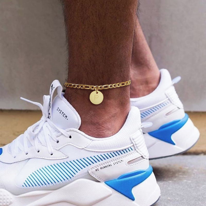Men Anklets, Men&#39;s Ankle Bracelet,Figaro Chain with Disc Alphabet Anklet, Stainless Steel Men&#39;s Jewelry,Summer Beach Jewelry