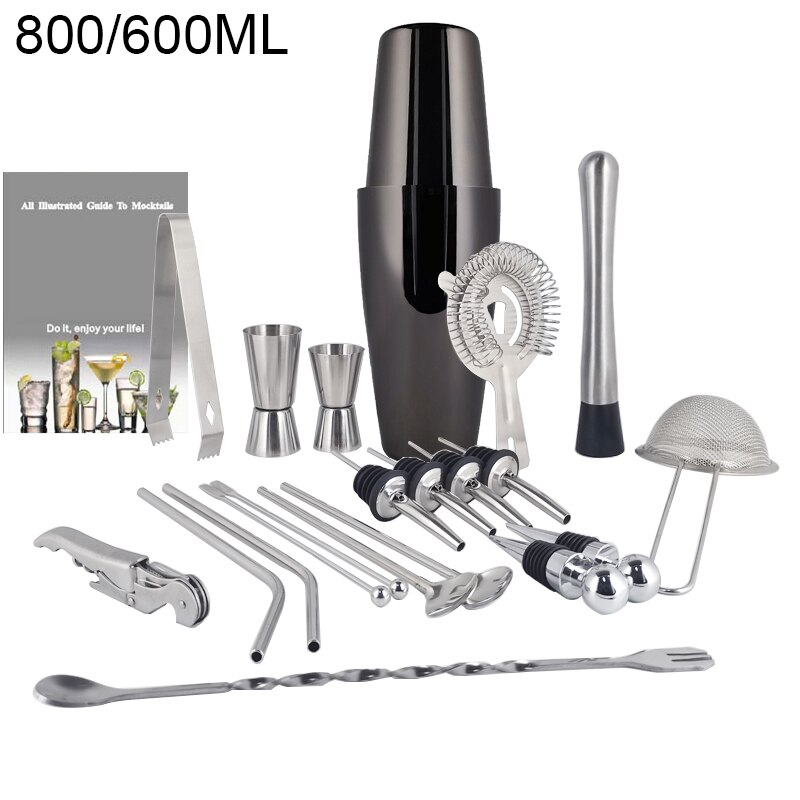 1-22Pcs Boston Cocktail Shaker Bar Gereedschap Wijn Mixer Set Barman Cocktail Shaker Tool Kit Schenker Jigger Warhoofd met Houder: 22 B800600ml No Rack
