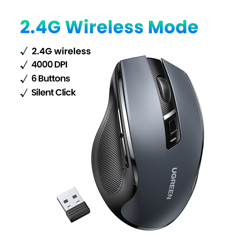 UGREEN Wireless Mouse Bluetooth5.0 Mouse Ergonomic 4000DPI 6 Mute Buttons Mouse For MacBook Tablet Laptops Computer PC 2.4G Mice: green