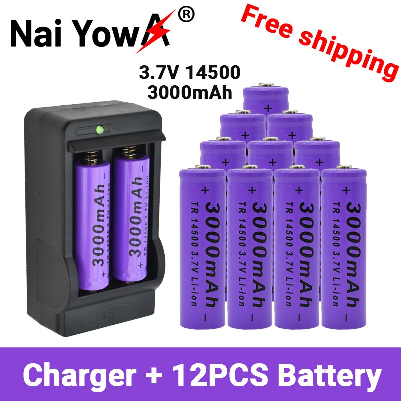 Batterie Lithium haute capacité 14500, 3.7V, 3000mah, Rechargeable, pour lampe de poche LED, jouet,: Or