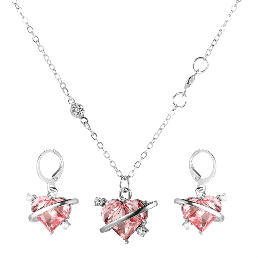 Conjunto de collar y pendientes de cristal rosa con circonita de corazón para mujer, collar colgante de lujo, pendientes, conjuntos de joyería de boda, , 3 uds.: Color dorado