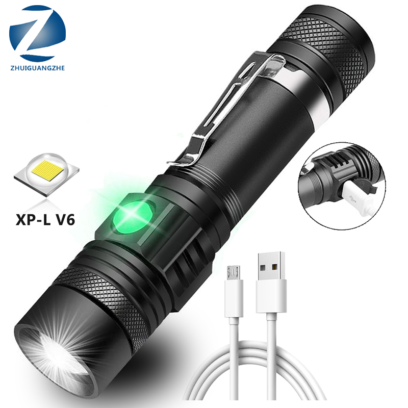 Linterna LED ultrabrillante con XP-L V6, lámpara LED ultrabrillante de XP-L V6, con cuentas, a prueba de agua con zoom, 4 modos de iluminación, carga USB multifunción