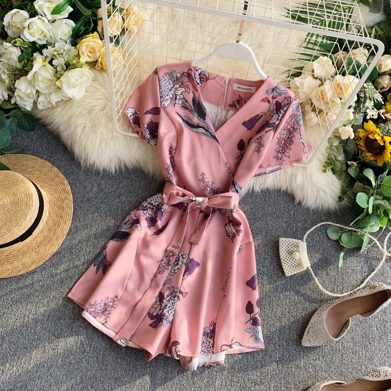 Mono Vintage bohemio ajustado con estampado floral para mujer, pelele Sexy informal con cuello en V para mujer, traje corto de estilo veraniego para playa y vacaciones,: Rosa
