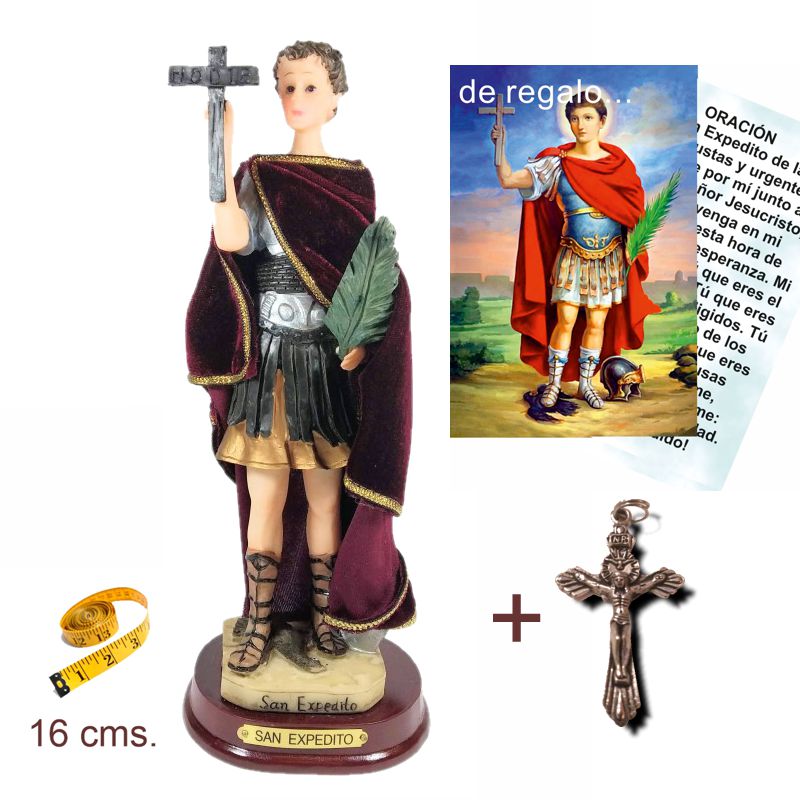 Figura San Expedito 16 cms. Pintada a Mano, con túnica de Tela Tipo Terciopelo. De un Colgante Cruz y estampa de San Expe