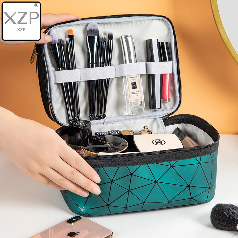Xzp kvinder dobbeltlag kosmetisk taske pu make up organisator tasker rejse vandtæt toiletartikler opbevaringspose skønhed makeup sager kasse