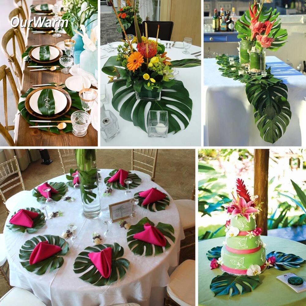 Ourwarm 12 stk. 35 x 29cm palme blad bord dækkeservietter kunstige blade dækkeservietter til bord decoartion bord tilbehør hawaii fest