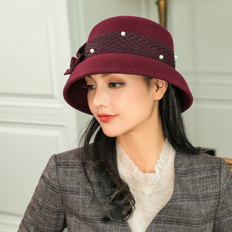 Mamma toppklass 100%  australien ull cloche hattar dam fest formell fedora hatt kvinnor vinter blomma filt hatt 56-58cm
