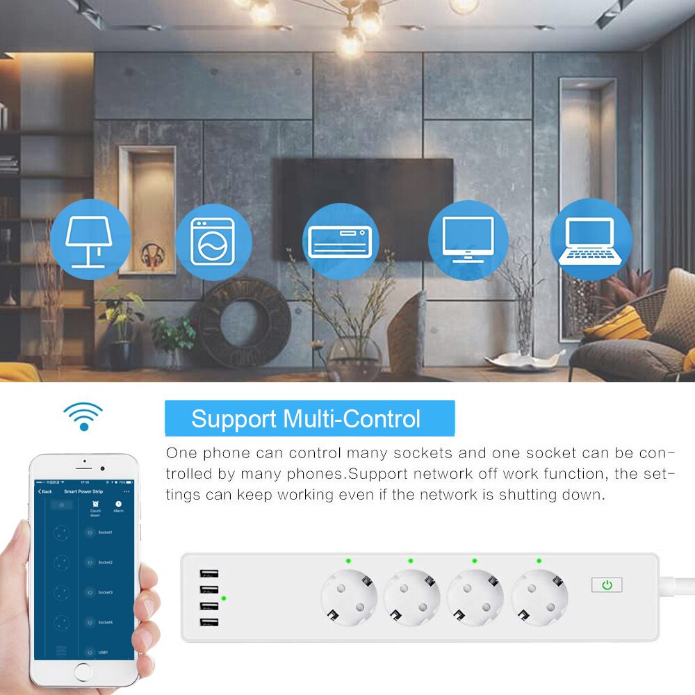 Plug Aangesloten Wifi Smart Power Strip Met 4 Smart Stekkers 4 Usb-poorten Verlengsnoer, werken Met Alexa & Google Assistent