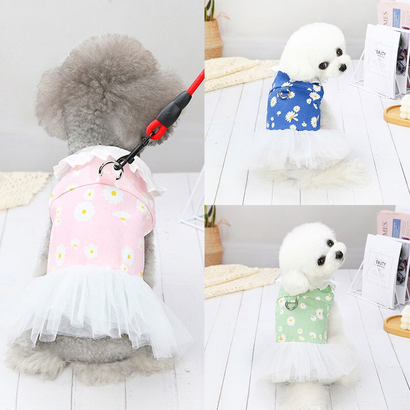 Denim Floral Print Dog Dress Gauze Dog Skirt Teddy Cute Princess Dress For Small Dogs Pet Puppy Costume Dog Clothes