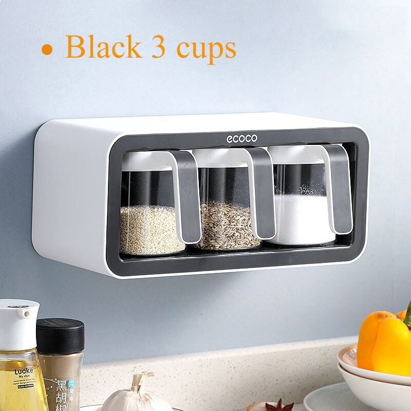 Muurbevestiging Kruidenrek Organizer Suikerpot Zout Shaker Kruiden Container Spice Dozen Met Lepels Keuken Benodigdheden Opslag Set: Black 3 cups