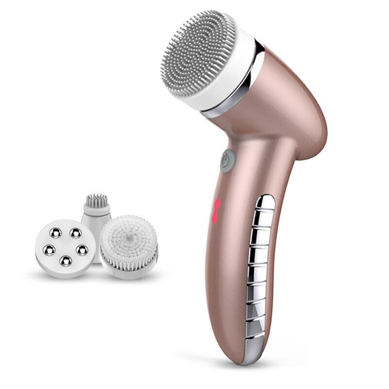 4 In 1 Wash Facial Cleansing Brush Sonic Vibration Face Cleaner Electric Waterproof Massage with 4 Heads Face Cleaning Apparatus: Rose Gold
