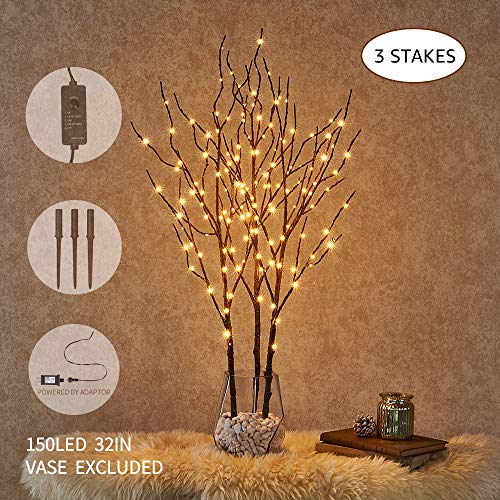 3Pack Pre Lit Artificial Brown Twig Branch with Fairy Lights 150LED Plug in Lighted Willow Branch for Christmas Indoor Outdoor: Brown / UK plug