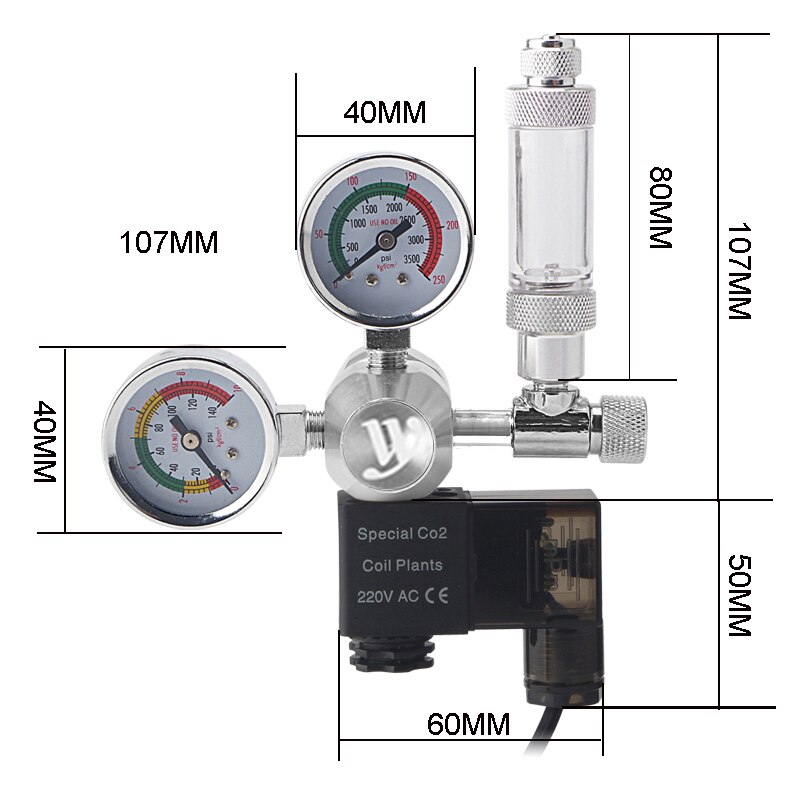 WYIN Aquarium CO2 regulator, with bubble counter fine-tuning valve 360°rotating CO2 electromagnetic pressure reducing equipment