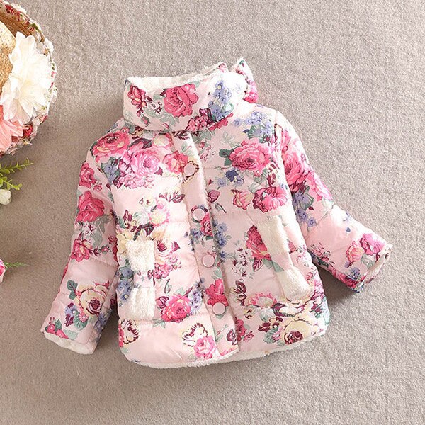 Baby Winter Cotton Floral Coat Winter Warm Children's Jacket Outerwear Jacket For Girls MinnieLong Sleeve Jacket Thick: Pink / 6