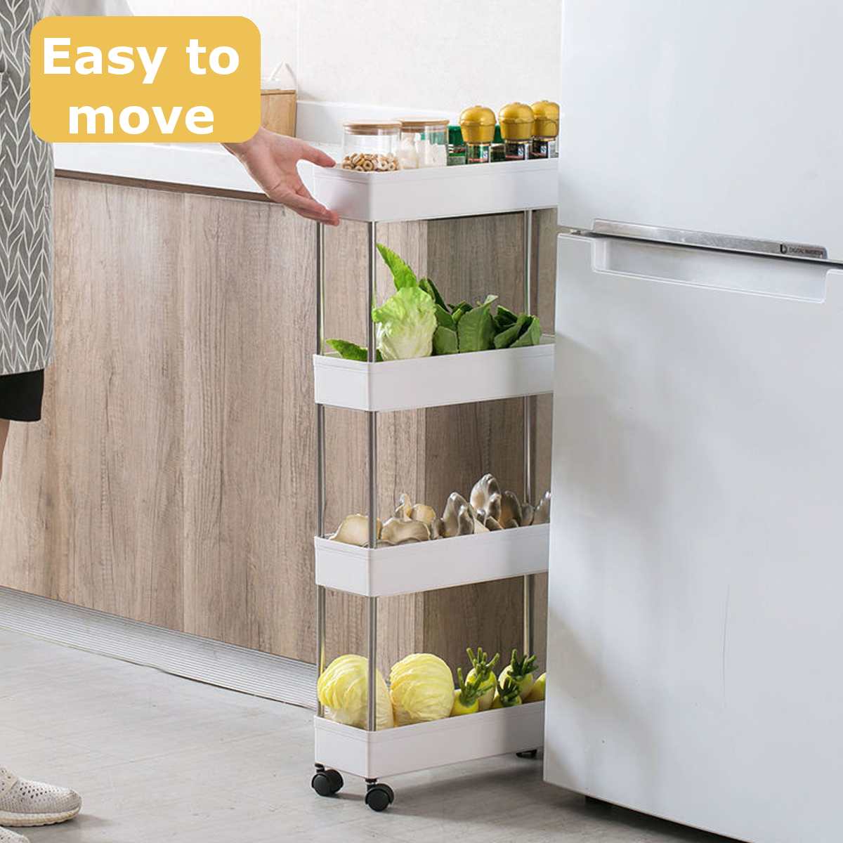 4 Layer Gap Kitchen Storage Rack Slim Slide Tower Movable Assemble Plastic Bathroom Shelf With Wheels Space Saving Organizer