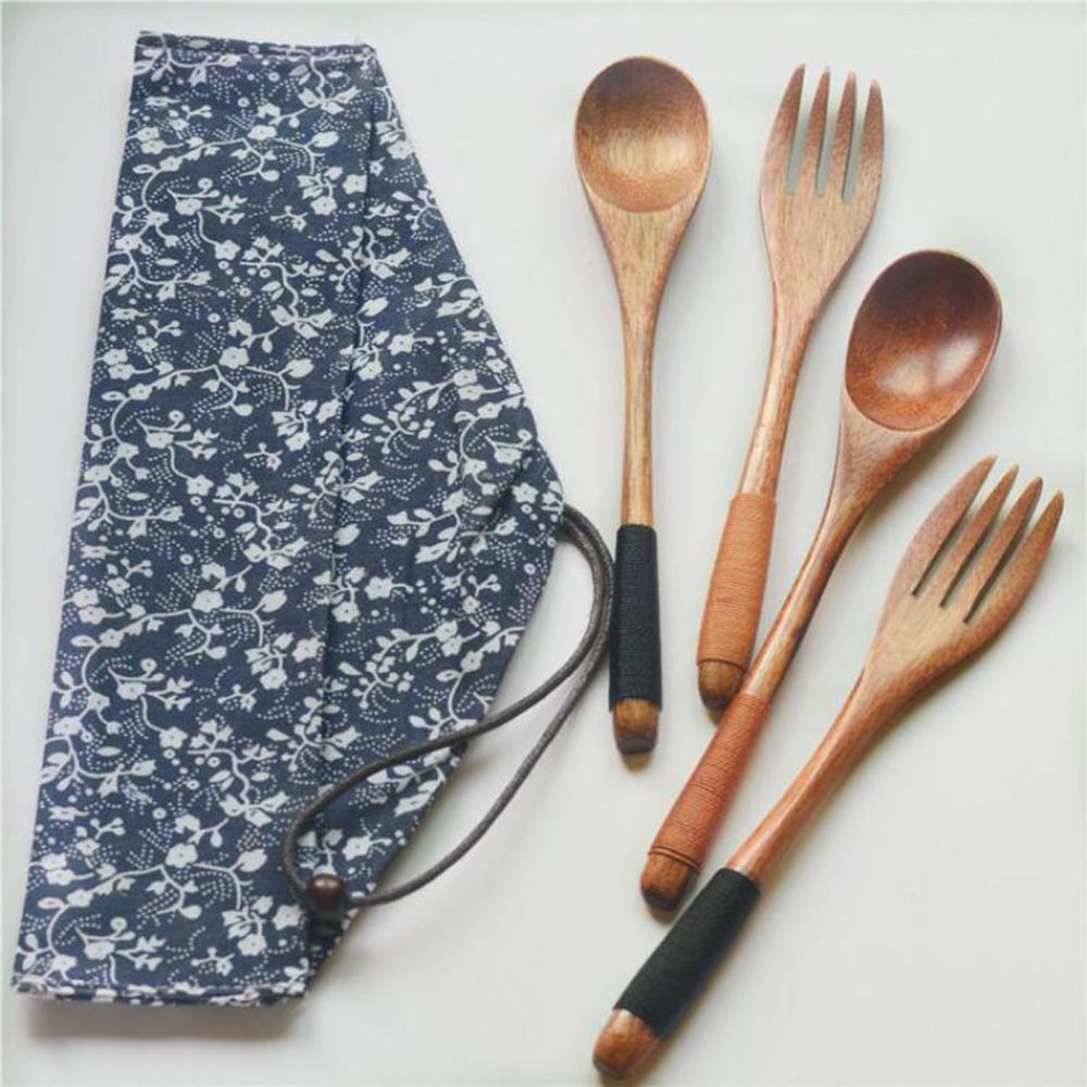3 pièces/ensemble simplicité japonais fait à la main en bois naturel cuillère + fourchette + sac en tissu meilleur dîner Table décoration