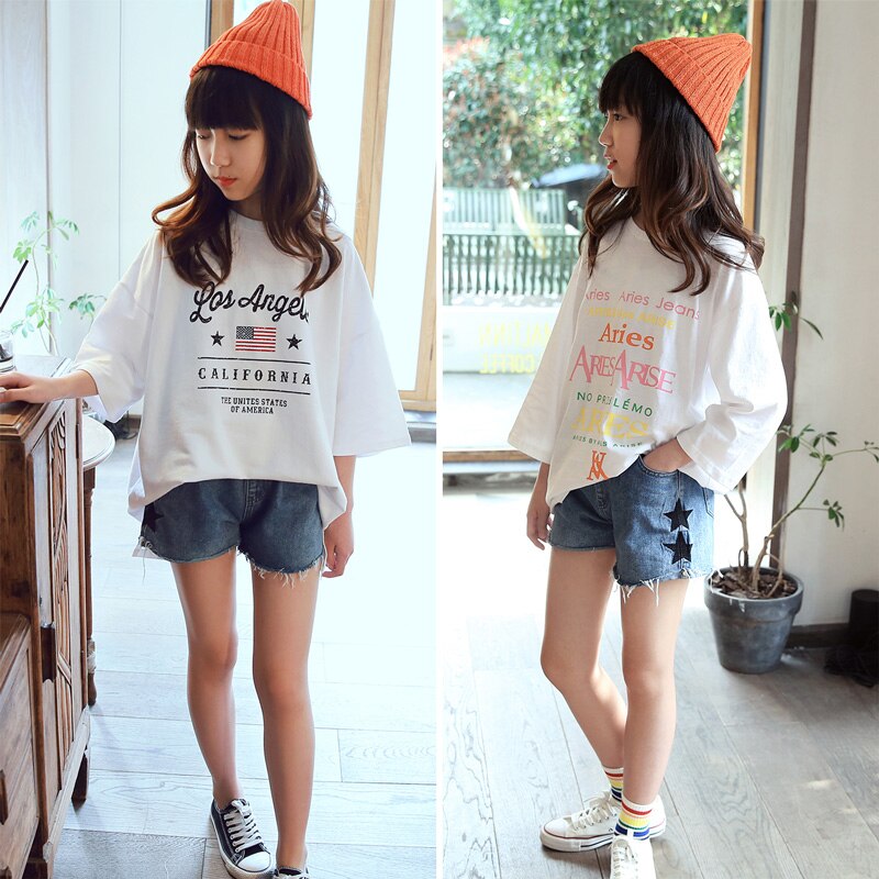 Novedad de verano, pantalones cortos de mezclilla para niñas, nuevos pantalones de estilo exterior para niños grandes, pantalones informales holgados