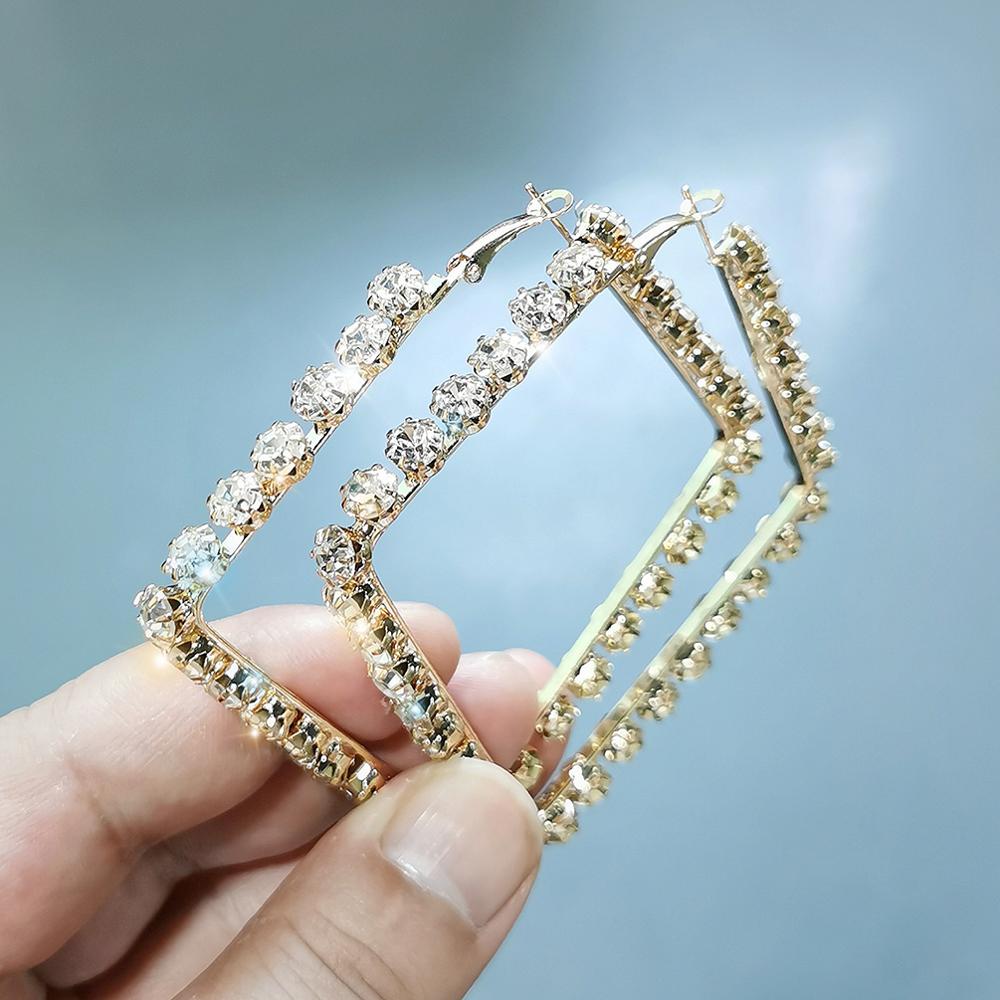 85MM Square Rhinestone Big Hoop Earrings For Women Geometric Punk Metal Statement Earrings Wedding Jewelry UKMOC