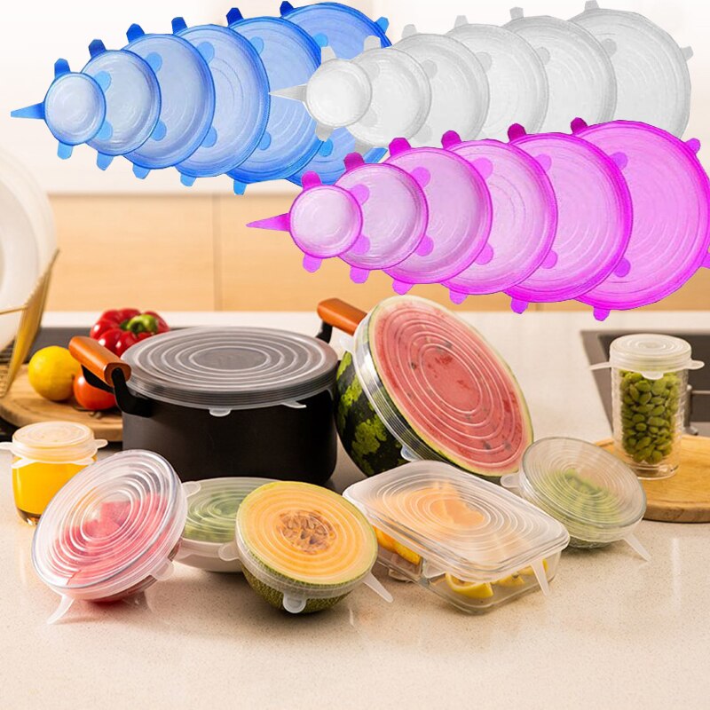 6 Stks/set Silicagel Plastic Wrap Herbruikbare Voedsel Afsluitdeksel Keuken Accessoires Kom Cover Nul Afval Food Grade Siliconen