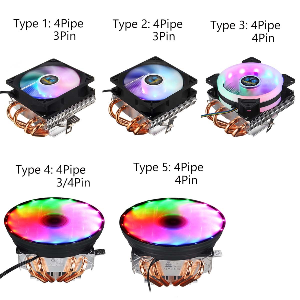 3pin/4pin Cpu Cooler Fan 4 Heatpipes Cooling Fan Heatsink Koeler Queit Fan Voor Intel 775/1150/ 1151/1155/1156/1366 Amd