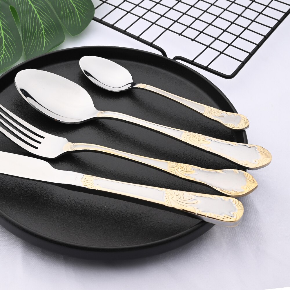 Vajilla de acero inoxidable dorada clásica, juego de cubiertos, cucharas occidentales, cuchillos, tenedores, Kit de cocina