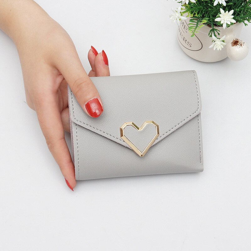 Women Tassel Love Heart Mini Wallets Black Pu Leather Coin Purse Simple All-match Student Card Holdeer Bag: Love Gray