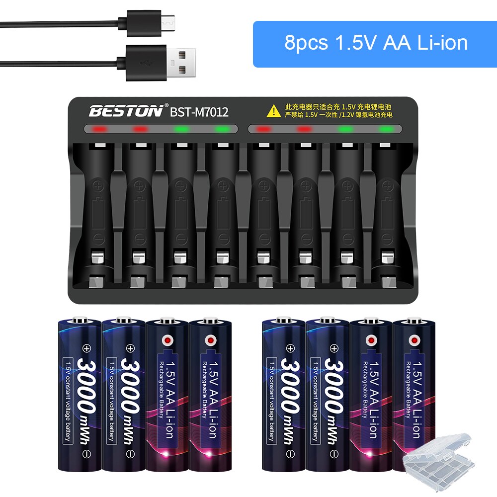 1.5V AA Battery Charger - 8 Slots - LED Indicator - for Li-ion Rechargeable Batteries: 8 AA and Charger