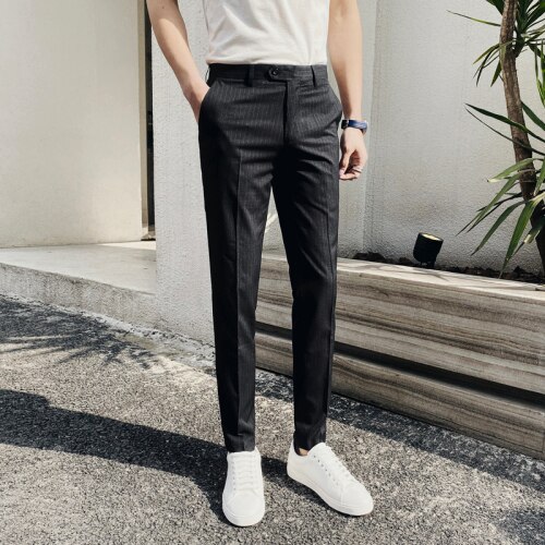 Klassieke gestreepte pakbroek heren casual zakelijke broek heren slim fit formele broek pantalon kostuum: Zwart / Xxl