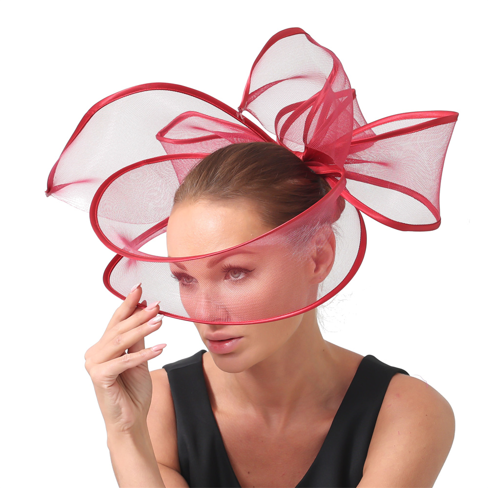 Big Fascinators Hat For Women Weddings Amazing Headwear With Bow For Party Kenducky Royal Asscot Pillbox Cap Hair Clip Bride: wine red