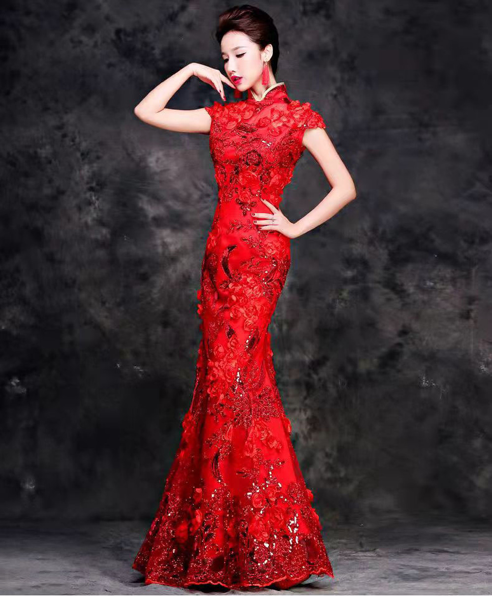 Lace Chinese Red Wedding Dress Sexy Queen Oriental Party Female Cheongsam Stage Show Qipao Celebrity Banquet Dresses