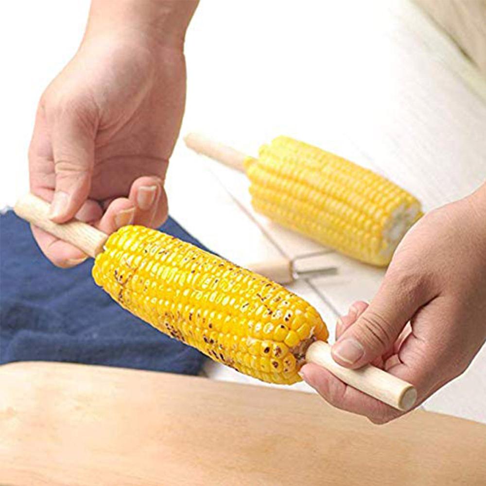 8PCS Corn Holder BBQ Stainless Steel with Oak Handle Corn on The Cob Skewers for Kids and Adults Home Cooking Barbecue